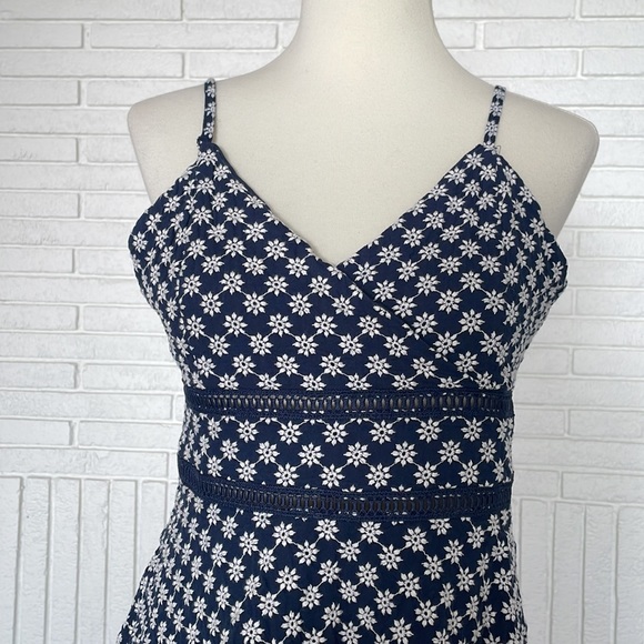 Trixxi Eyelet Skater Navy Mini Dress with Thin Straps and White Flower Detail - Picture 5 of 12